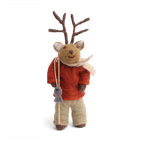 En Gry & Sif Fair Trade Felt Christmas Decoration Deer with Fishing Pole