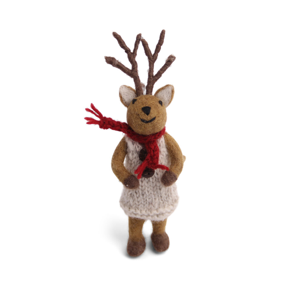En Gry & Sif Fair Trade Felt Christmas Decoration  Brown Girl Deer w/ Grey Dress