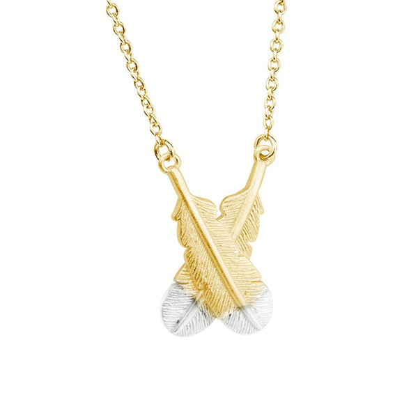 Little Taonga Necklace Crossed Huia Feathers Silver Tips on Gold