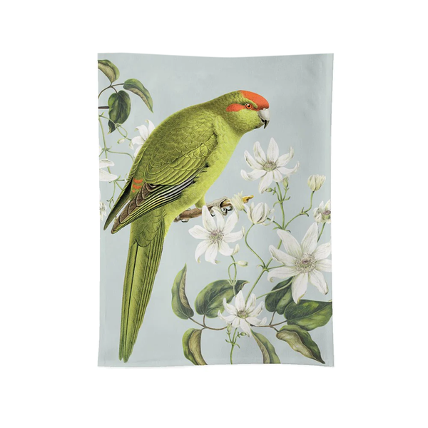 100 % NZ Tea Towel Birds and Botanical Kākāriki