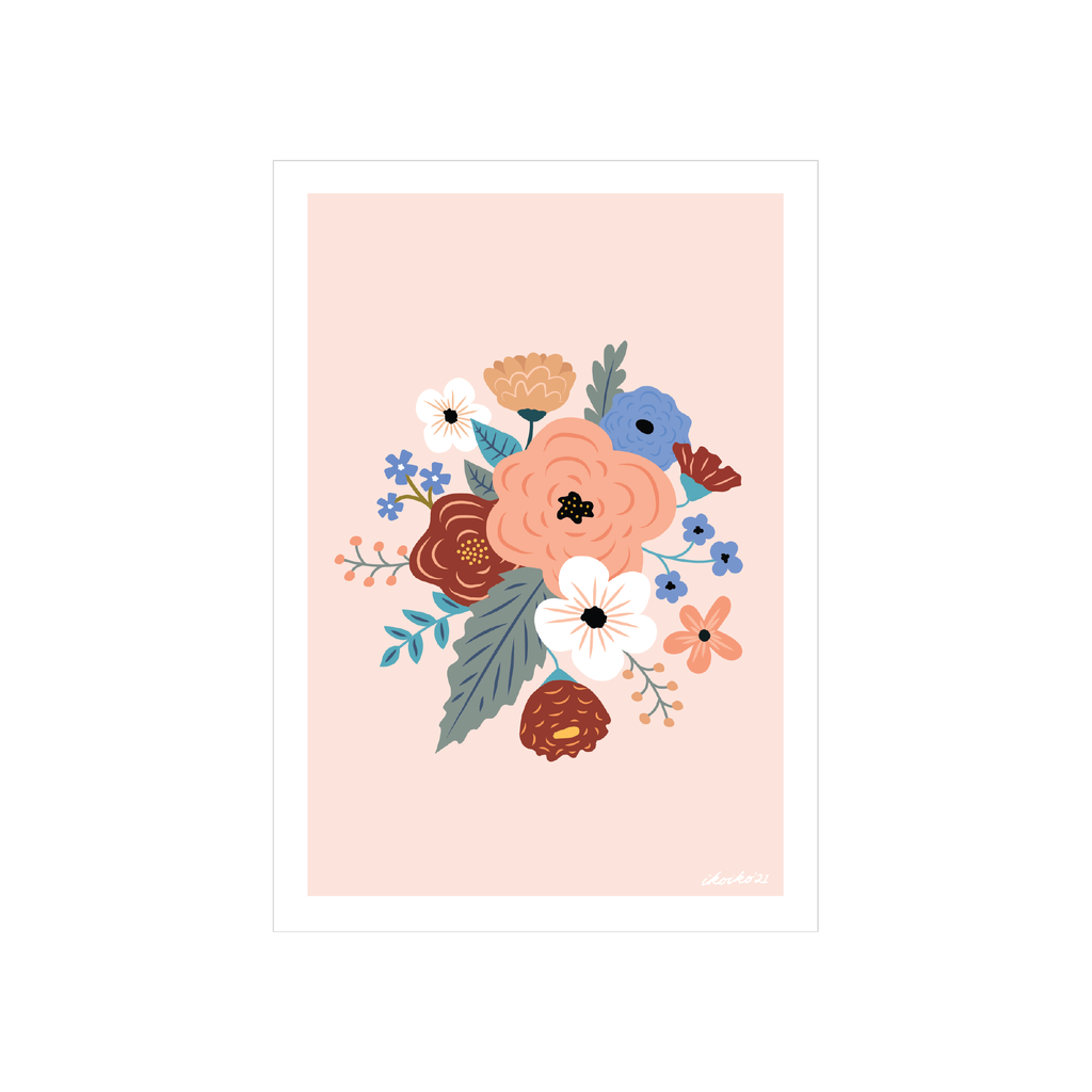 Iko Iko A4 Art Print Bloom Bouquet Blue with Peach