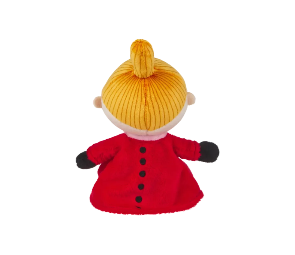 Plush toy with a yellow knitted hat and red coat on a white background
