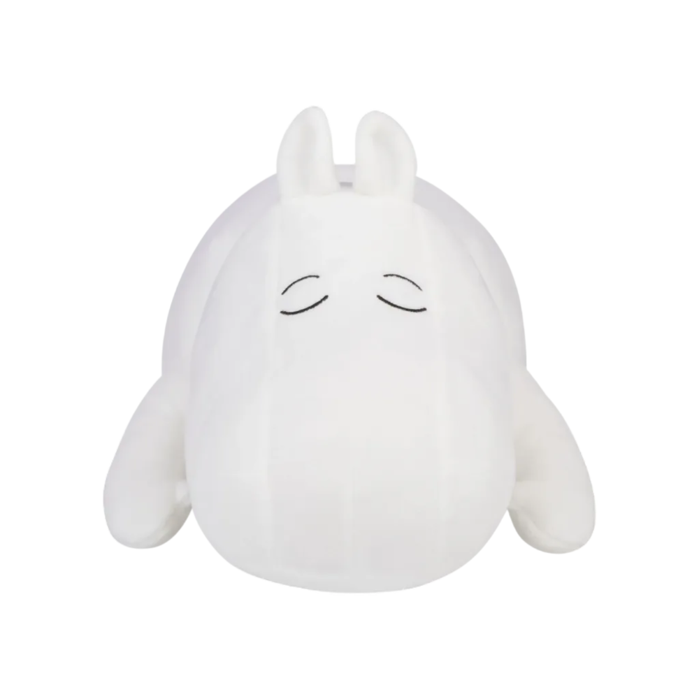A white plush toy shaped like a round, sleeping character with small ears on its head and simple black embroidered eyes, shown against a plain white background.