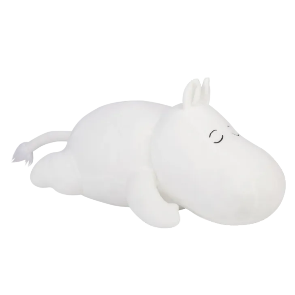 A white plush toy shaped like a sleeping hippo or moccasin, lying down on a plain white background. The plush has simple black embroidered closed eyes and a small tuft of white hair on its tail.