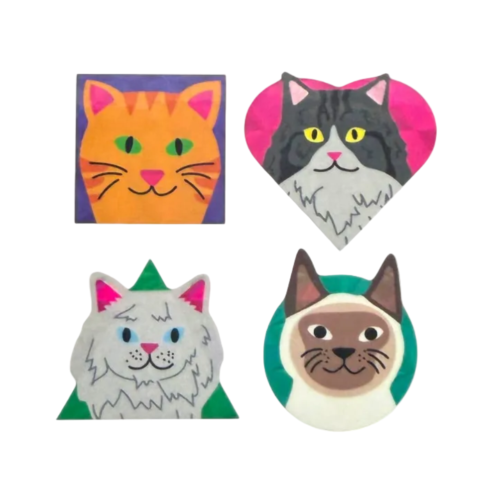 Four colorful cat-themed decorative pieces arranged on a white background: a square orange cat face on purple, a heart-shaped gray-and-white cat on pink, a triangle white cat on green, and a circle Siamese cat on teal.