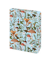 Cardboard box with a colorful mushroom and plant pattern on a light blue background