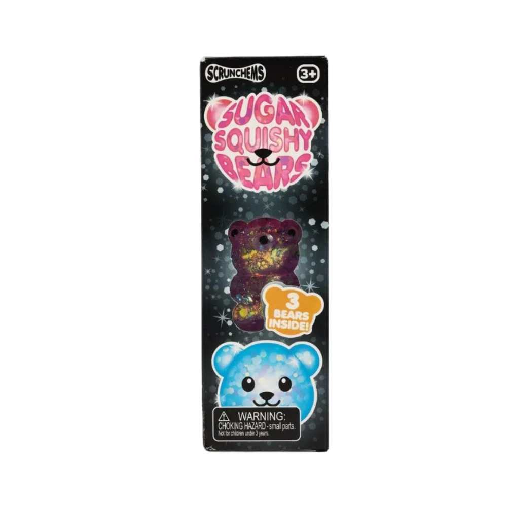A box of Squeakers 'Sugar Squishy Bears' alongside three translucent glittery bear squishies stacked vertically in pink, purple, and light blue on a white background.
