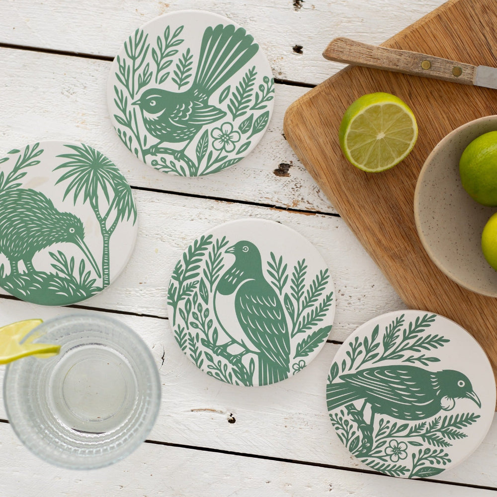 100% NZ Ceramic Coaster Kereru Woodcut