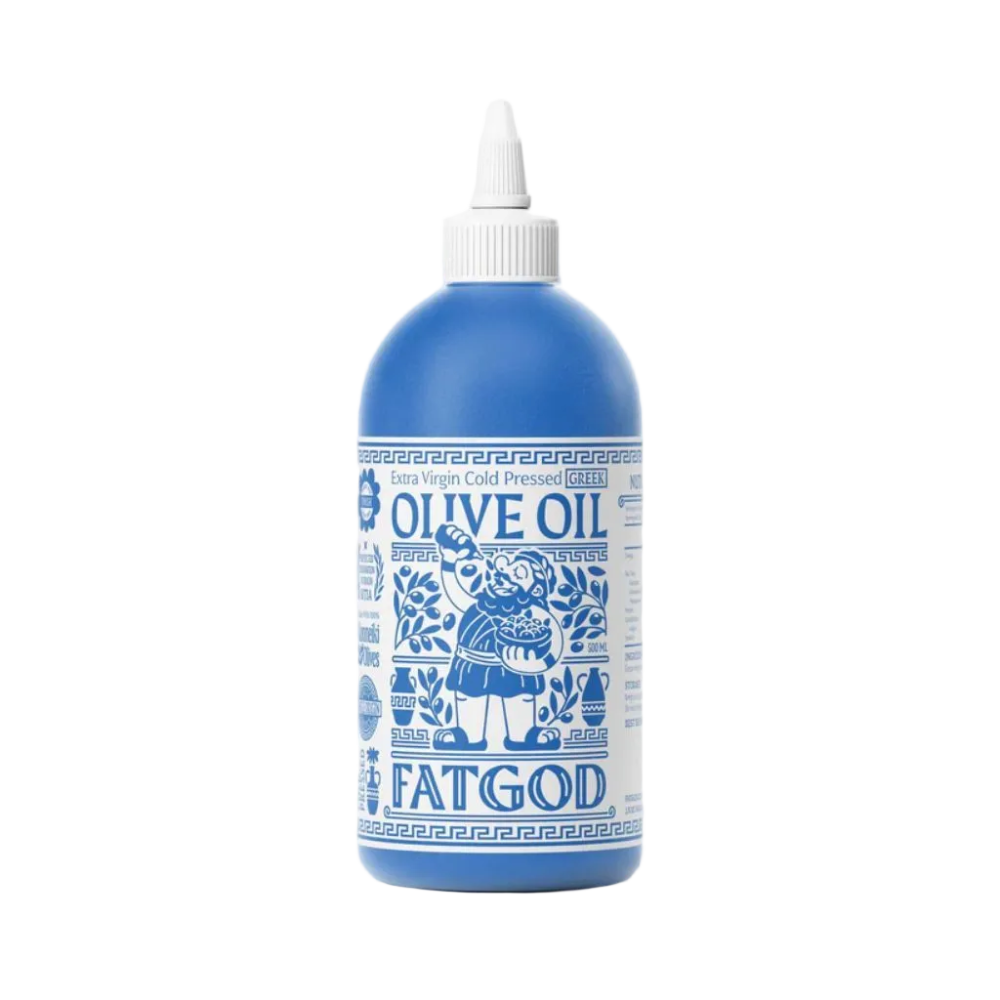 A blue squeeze bottle of Fat God Extra Virgin Cold Pressed Olive Oil with a white cap and a white label featuring blue illustrations.