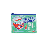 Green pouch with a red van and text 'Weed Money' on a white background