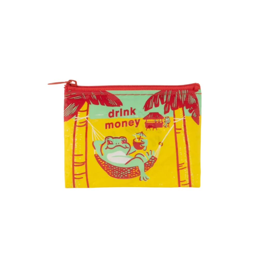 A rectangular zip pouch with a bright yellow background and a retro tropical illustration featuring palm trees, a frog in a hammock, and the words 'drink money'.