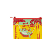 A rectangular zip pouch with a bright yellow background and a retro tropical illustration featuring palm trees, a frog in a hammock, and the words 'drink money'.