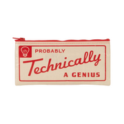 Pouch with 'Probably Technically A Genius' text and light bulb icon on a beige background