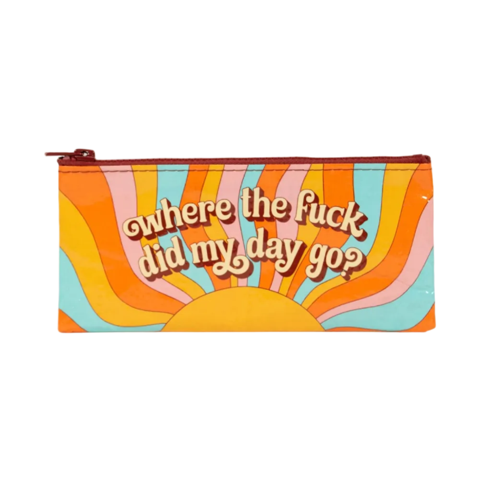 Colorful pouch with text on a white background