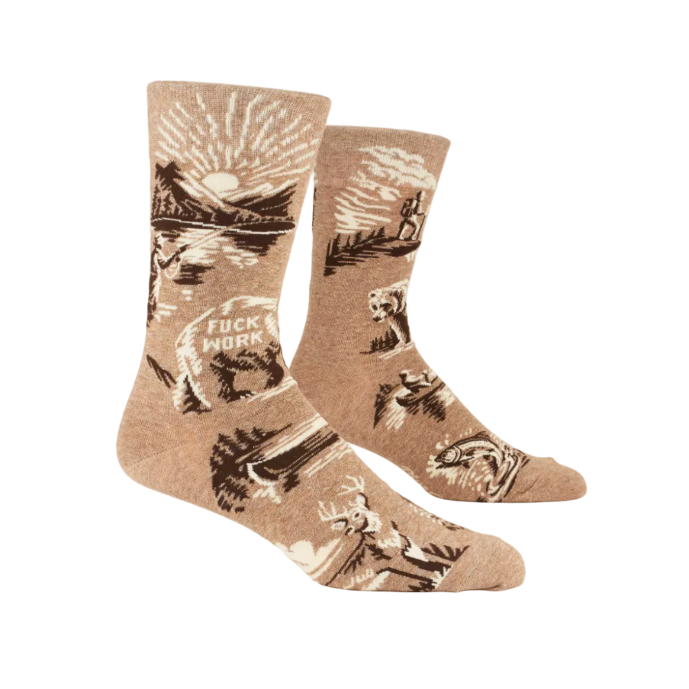 Pair of socks with nature-themed design on a white background
