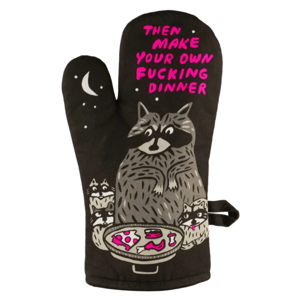 Oven mitt with raccoon design and text on a white background