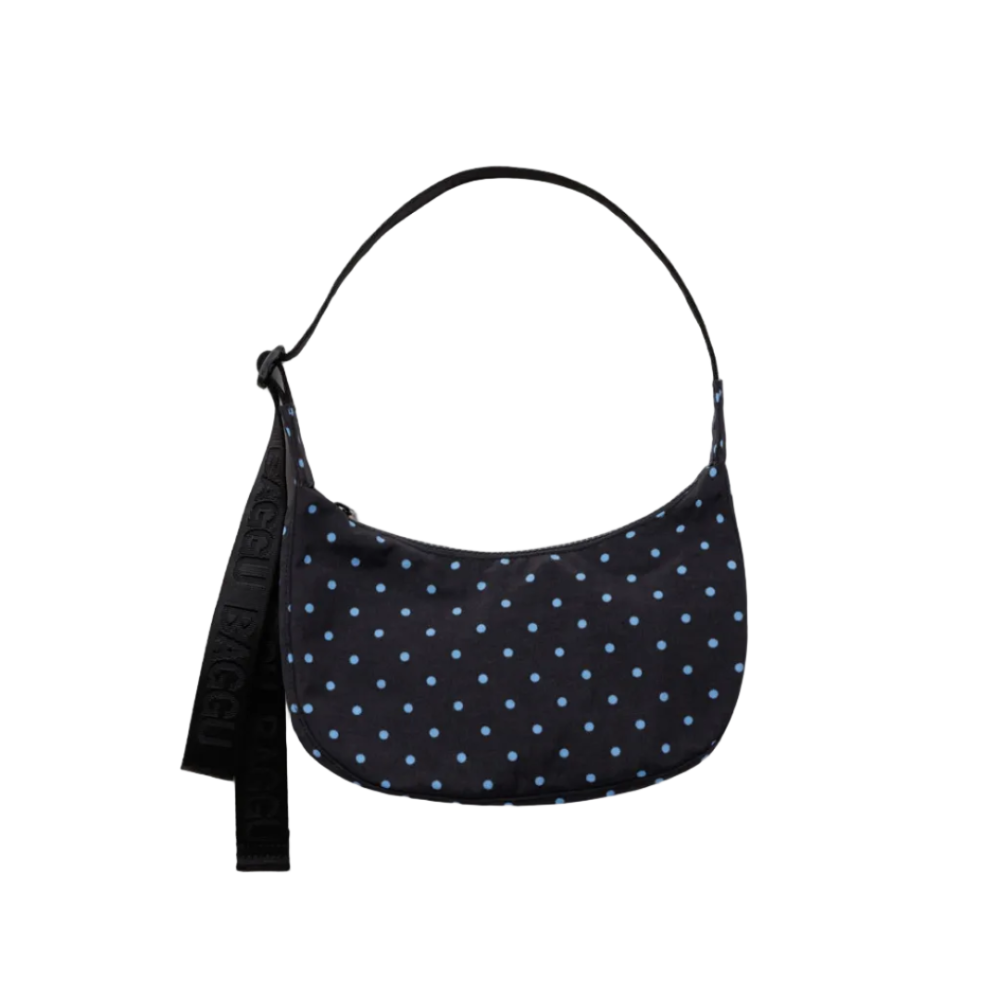 Baggu Small Nylon Crescent Bag Black and Sky Blue Micro Dot
