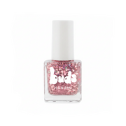 A bottle of Hanami Buds glitter nail polish in a sparkling pink shade, featuring a white cap and white logo on a clean white background.