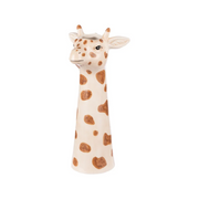 A ceramic giraffe-shaped vase with a cream-colored body and brown spots, set against a plain white background.