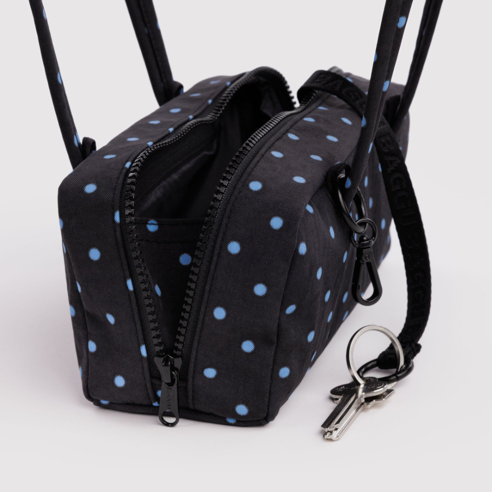 Baggu Small Nylon Bowler Bag Black and Sky Blue Micro Dot