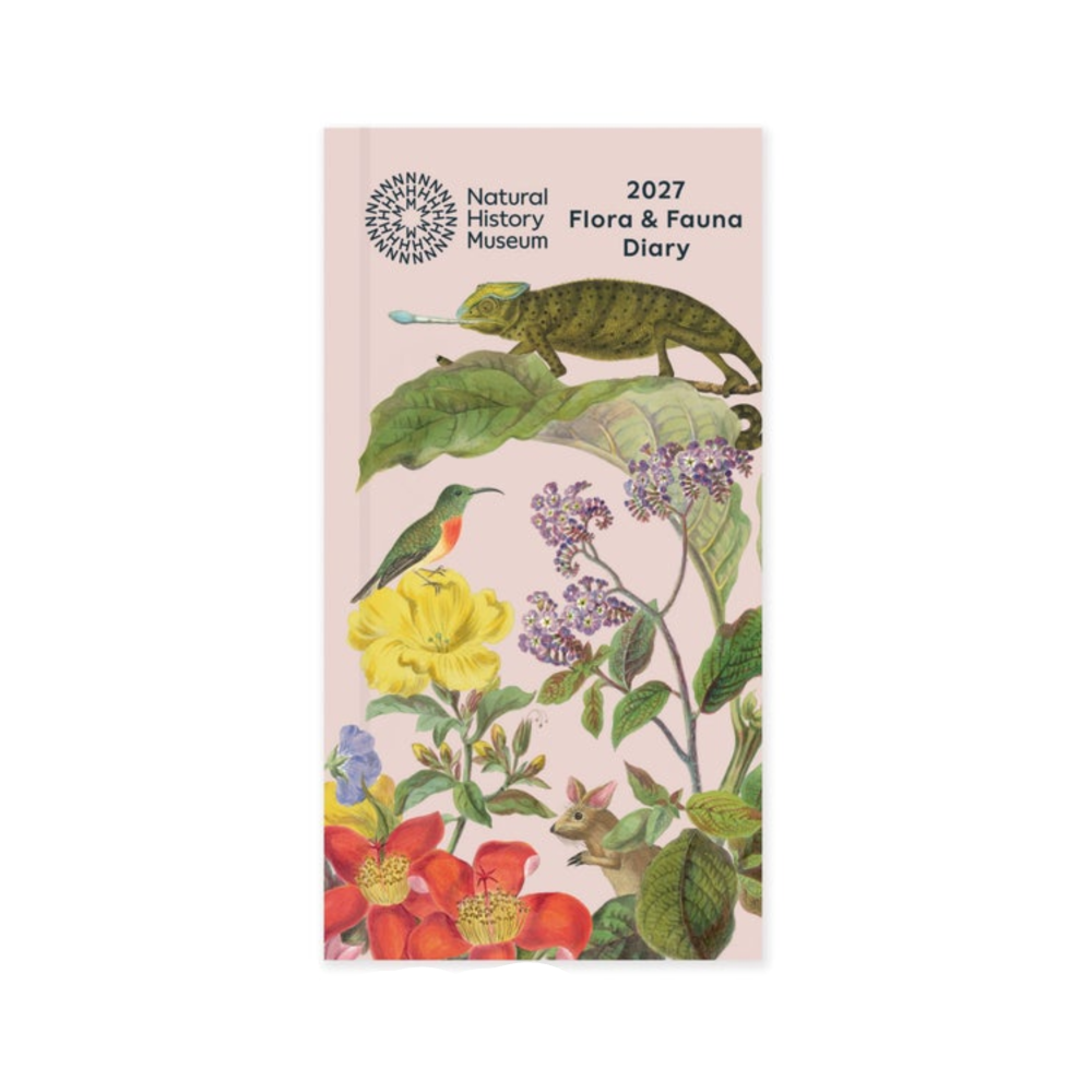 A vertical floral and fauna illustrated diary cover from the Natural History Museum, featuring a chameleon, hummingbird, flowers, and a small rabbit on a pale pink background.