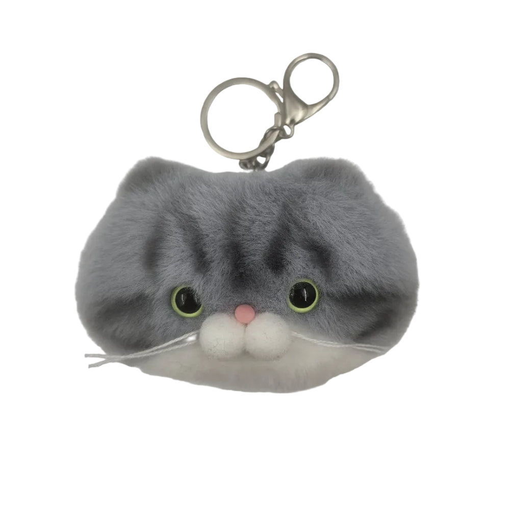 A gray and white fluffy cat-face keychain pouch with green-rimmed eyes, a pink nose, white whiskers, and a silver metal clasp on a plain light background.