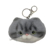A gray and white fluffy cat-face keychain pouch with green-rimmed eyes, a pink nose, white whiskers, and a silver metal clasp on a plain light background.