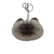 A fluffy cat-shaped keychain charm with a cream and brown fur pattern, large blue-rimmed eyes, and a silver metal keyring attached below, shown against a plain light gray background.