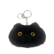 A black plush cat face keychain with yellow-rimmed eyes, a black nose, and a silver metal key ring clasp, shown on a plain white background.