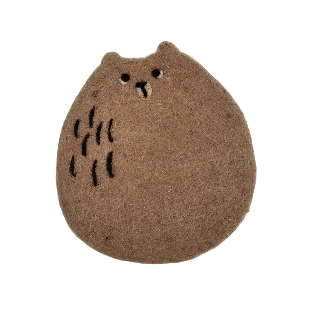 A brown felt bear-shaped coasterwith black embroidered eyes, nose, and whiskers, displayed on a clean white background.