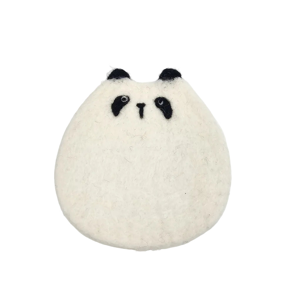 A white felt coastershaped like a cute panda face, featuring black felt ears, eyes, and nose, photographed on a clean white background.