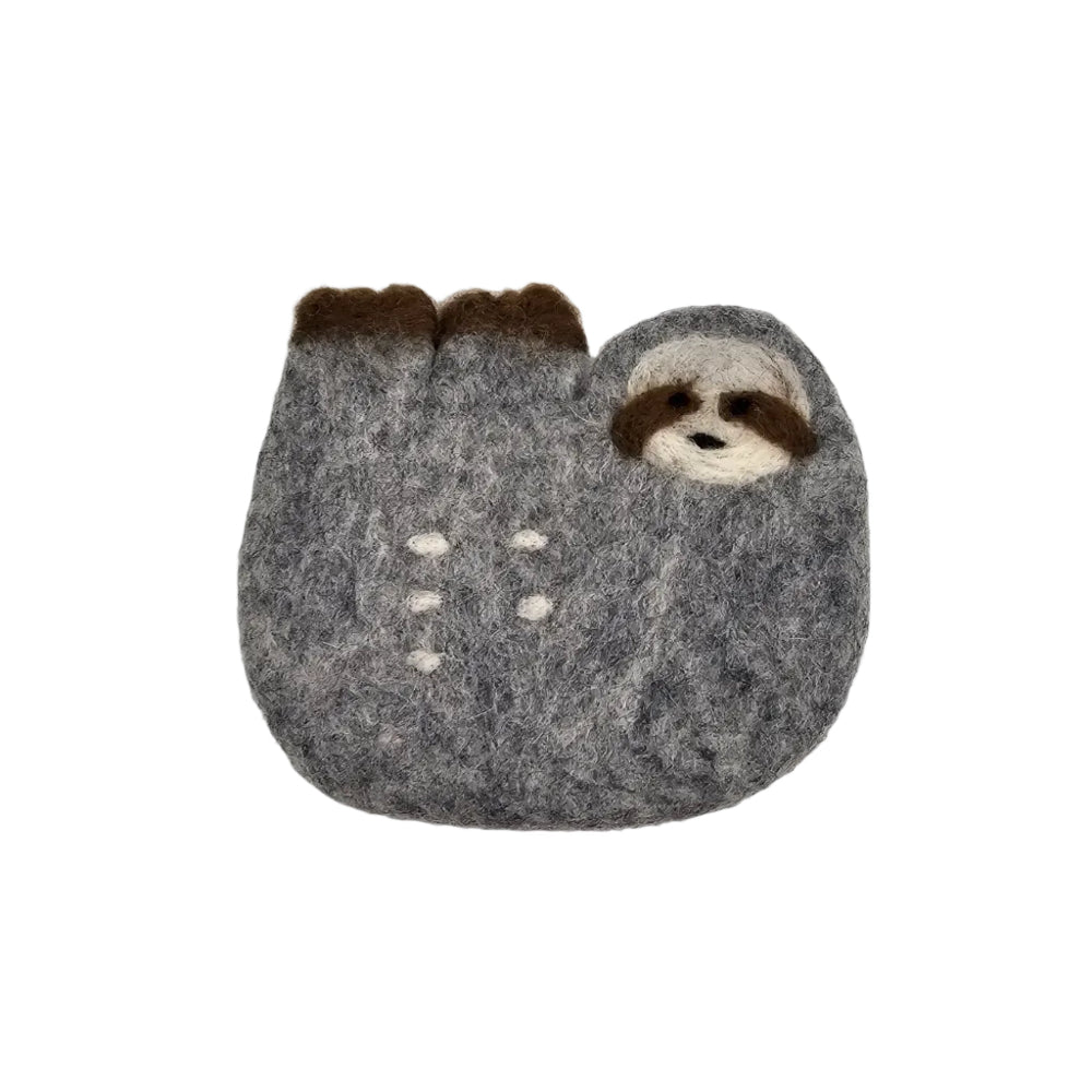 A felt grey sloth coaster