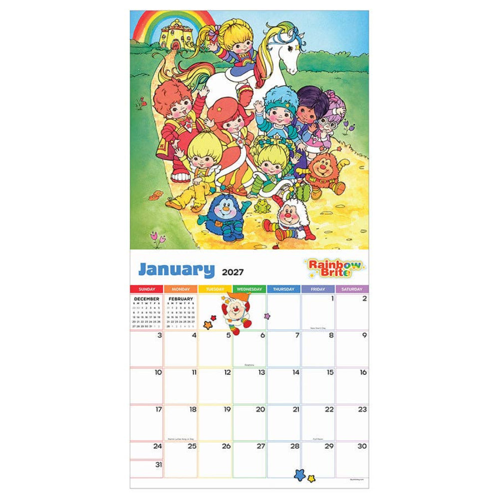 A Rainbow Brite-themed January 2027 calendar page featuring a colorful cartoon illustration of the characters and a printed monthly calendar grid below.