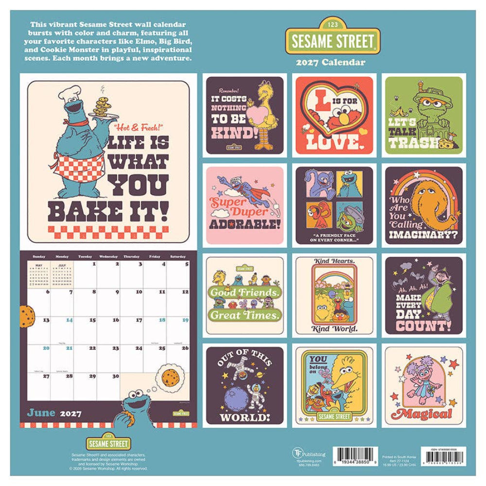 Sesame Street 2027 calendar with character-themed quotes and images.