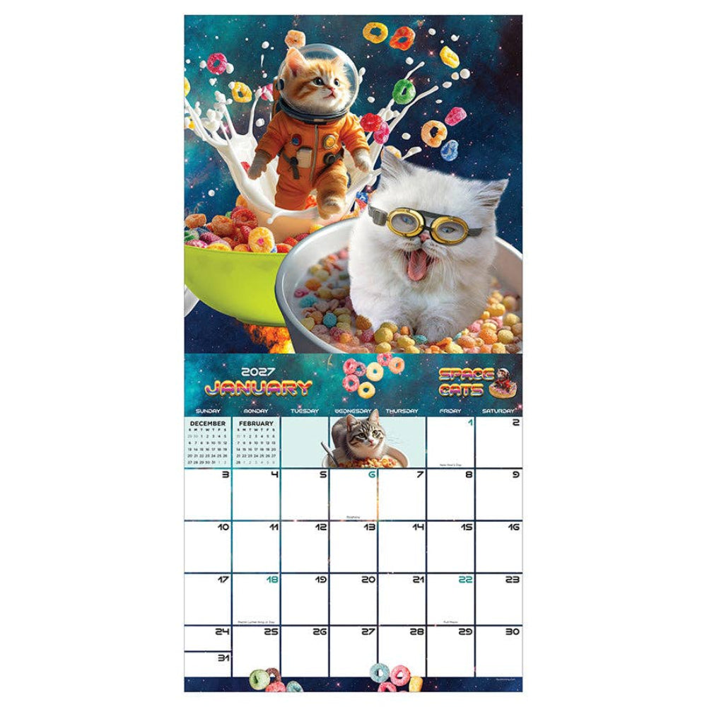 Calendar with space-themed design featuring cats in astronaut outfits and a bowl of cereal.