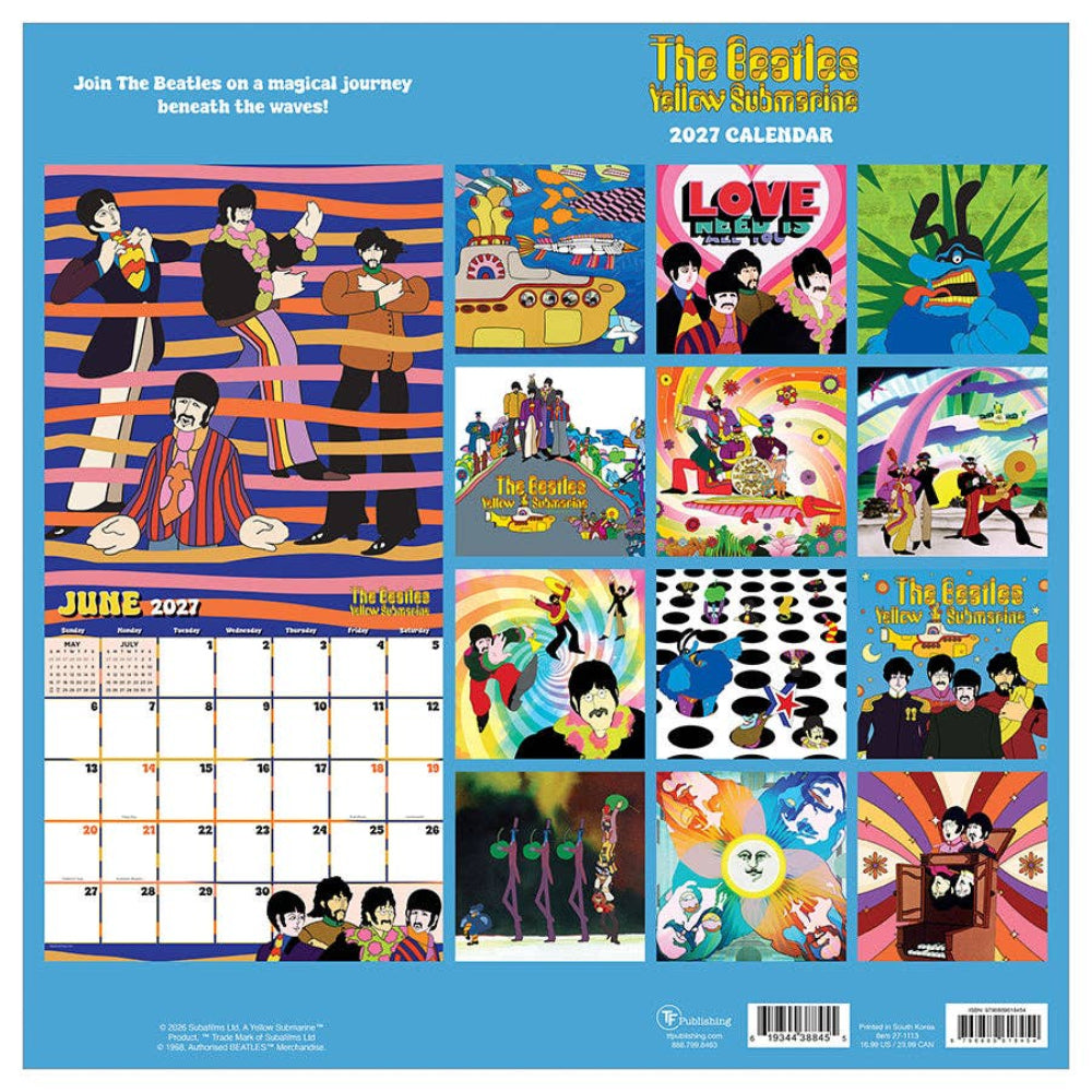 The Beatles Yellow Submarine 2021 wall calendar page layout, featuring colorful illustrated panels, a calendar grid for June 2021, and a blue border with The Beatles branding.