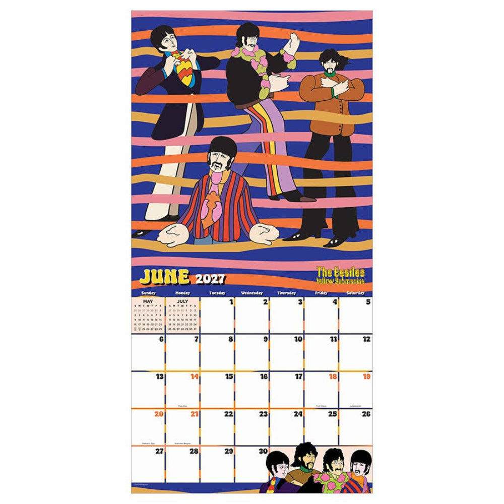 Calendar with The Beatles artwork on a striped background