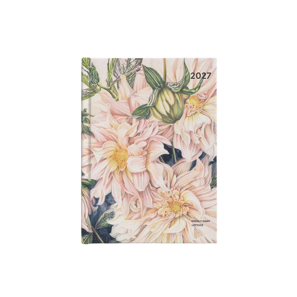 A 2027 floral calendar or planner with a vintage-style botanical cover design featuring large pink and cream flowers, green leaves, and a central bud, shown on a light gray background.