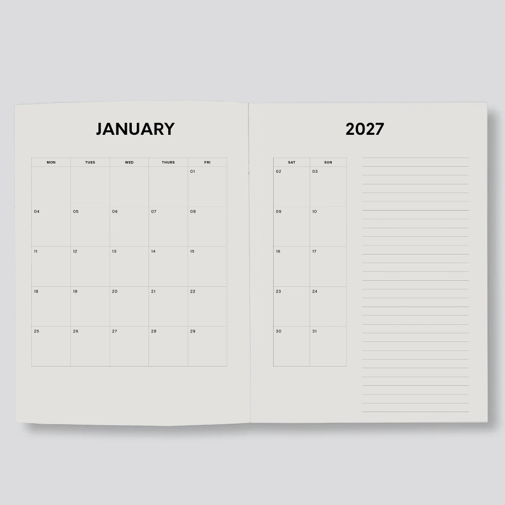 An open monthly calendar spread showing January 2027 on blank white pages against a light gray background.