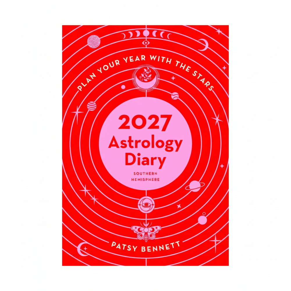 Front cover of the 2027 Astrology Diary by Patsy Bennett, featuring a bold red and pink design with white celestial illustrations and text.
