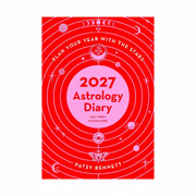 Front cover of the 2027 Astrology Diary by Patsy Bennett, featuring a bold red and pink design with white celestial illustrations and text.