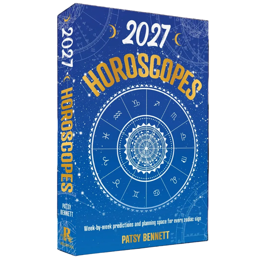A 3D book cover mockup for '2027 Horoscopes' by Patsy Bennett, featuring a deep blue starry background with a white zodiac wheel and bold yellow title text.