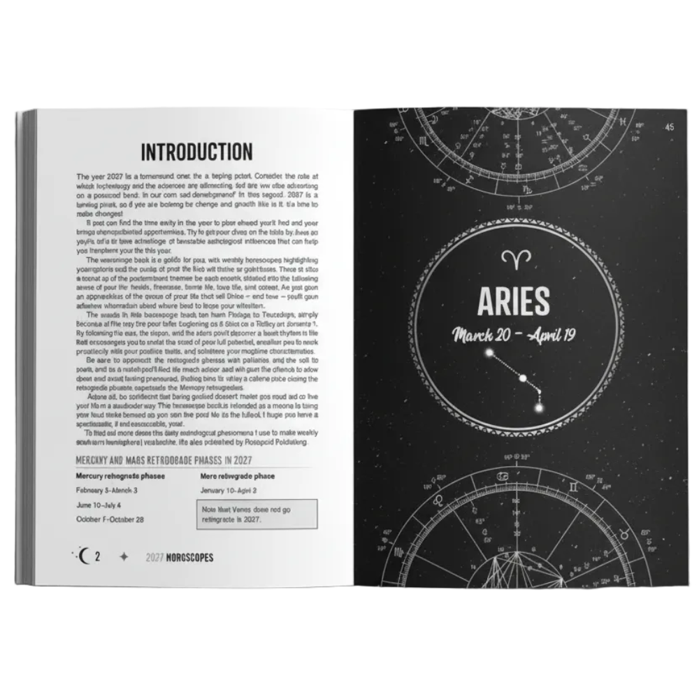 Aries horoscope page with zodiac symbol and text on a dark background