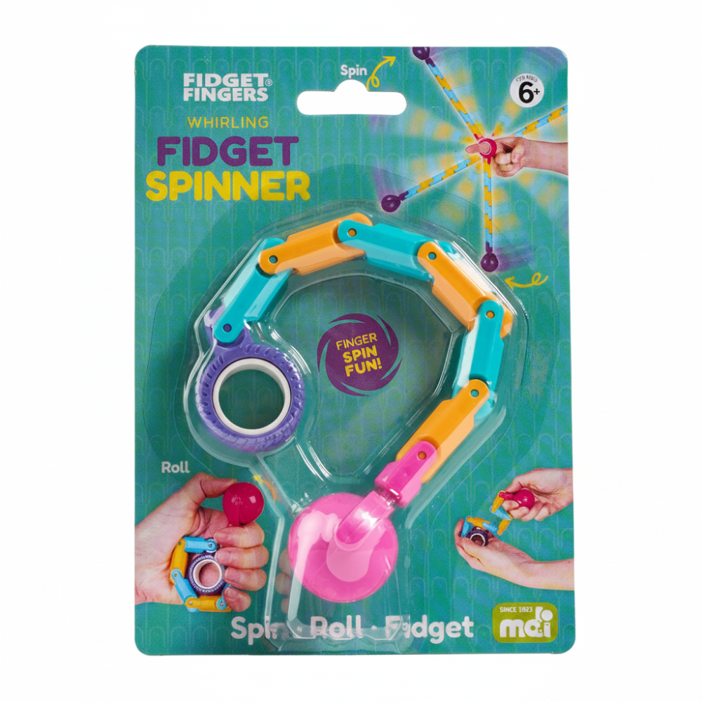 Fidget fingers spinner toy in its original blister card packaging, featuring a colorful plastic spinner with a purple ring and orange, teal, and pink links, shown on a light gray background.