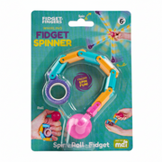 Fidget fingers spinner toy in its original blister card packaging, featuring a colorful plastic spinner with a purple ring and orange, teal, and pink links, shown on a light gray background.