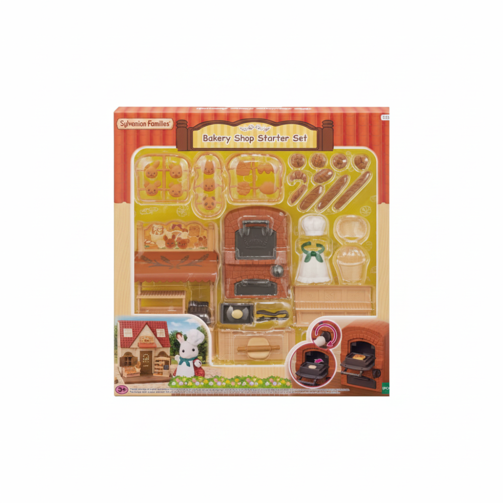 Sylvanian Families Bakery Shop Starter Set packaging with toy items and oven.