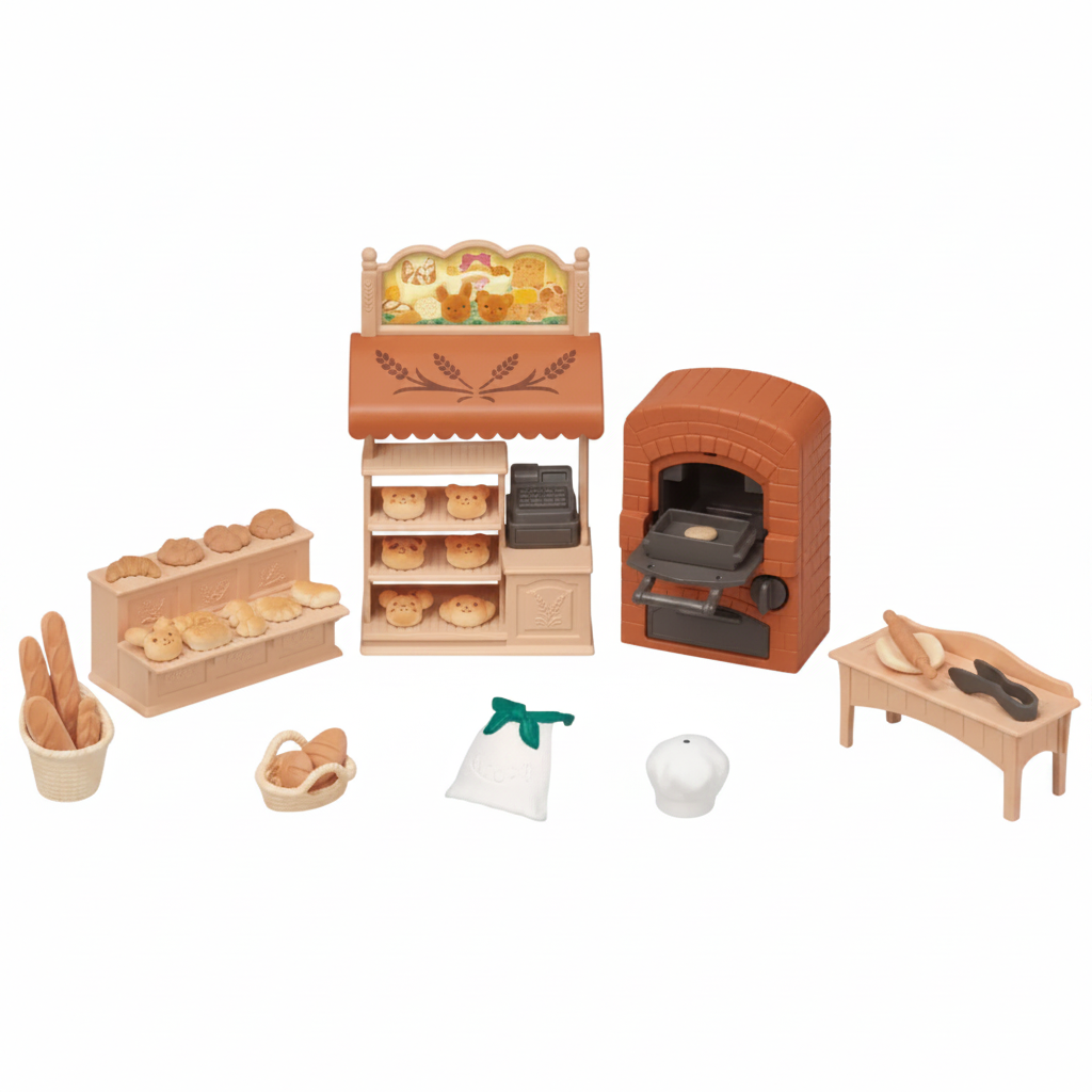 Set of miniature bakery items including a bread display, oven, and various bread slices on a white background.