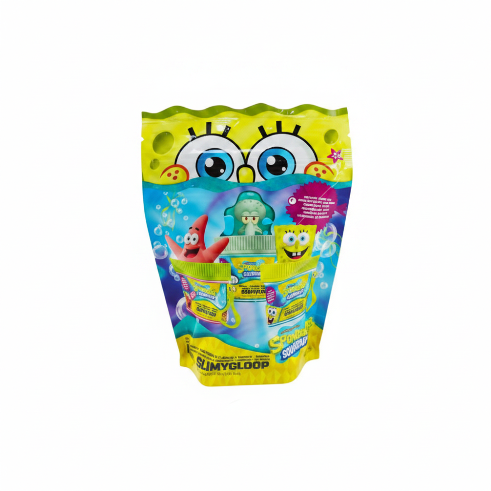 SpongeBob-themed mini slimy loop toy packaging and a small toy cup set on a white background, featuring SpongeBob, Patrick, and other cartoon characters on yellow and blue packaging.