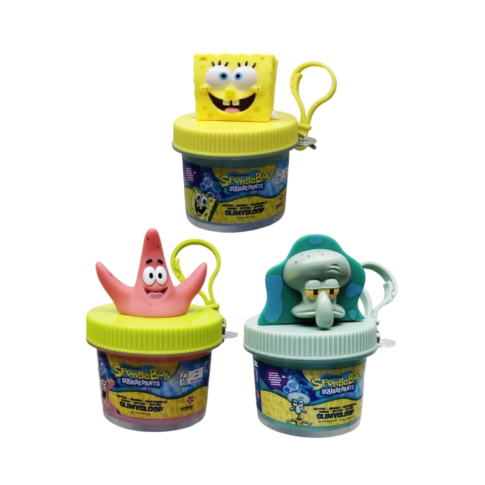 Three SpongeBob-themed glow-in-the-dark keychain containers on a white background, each with a character-shaped lid: SpongeBob, Patrick Star, and Squidward.