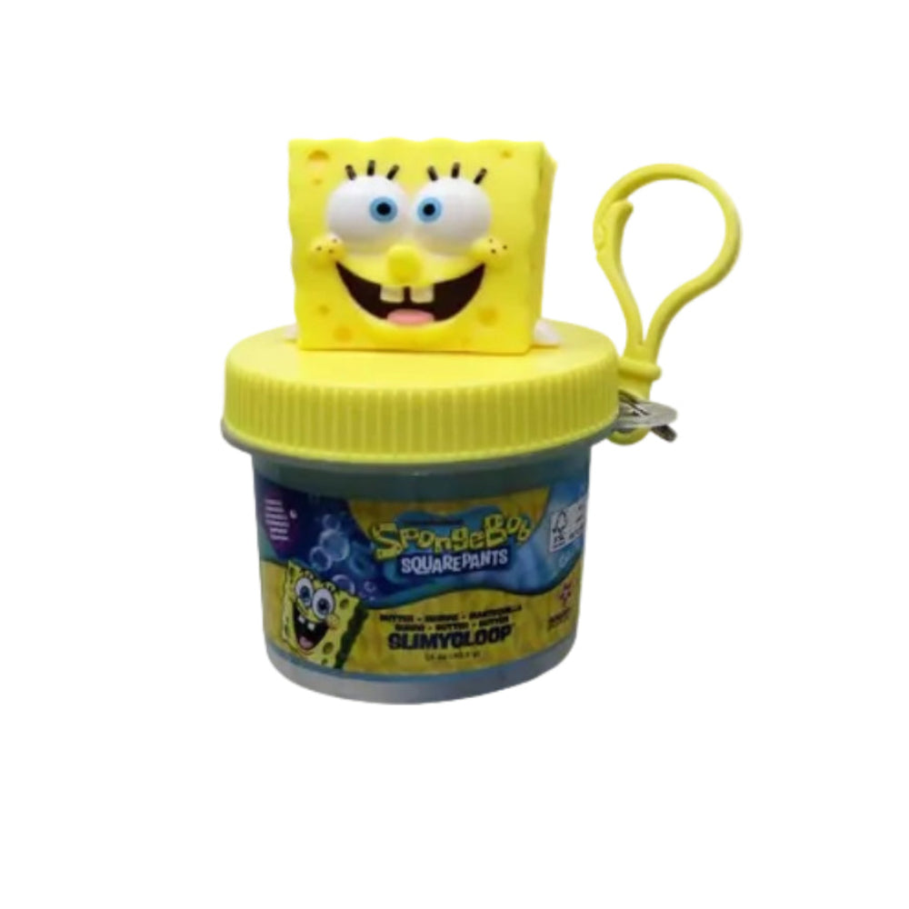 Three SpongeBob-themed glow-in-the-dark keychains in plastic tubs with colorful lids and character toppers: SpongeBob, Patrick Star, and Squidward, shown on a white background.